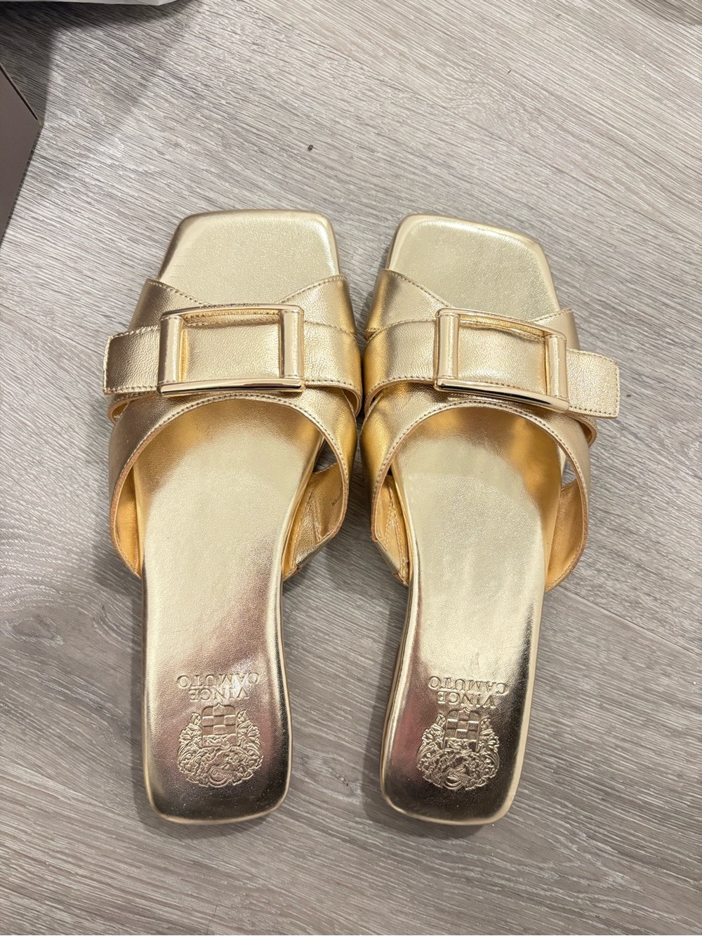 Vince Camuto Metallic Gold Buckle Slide Mules